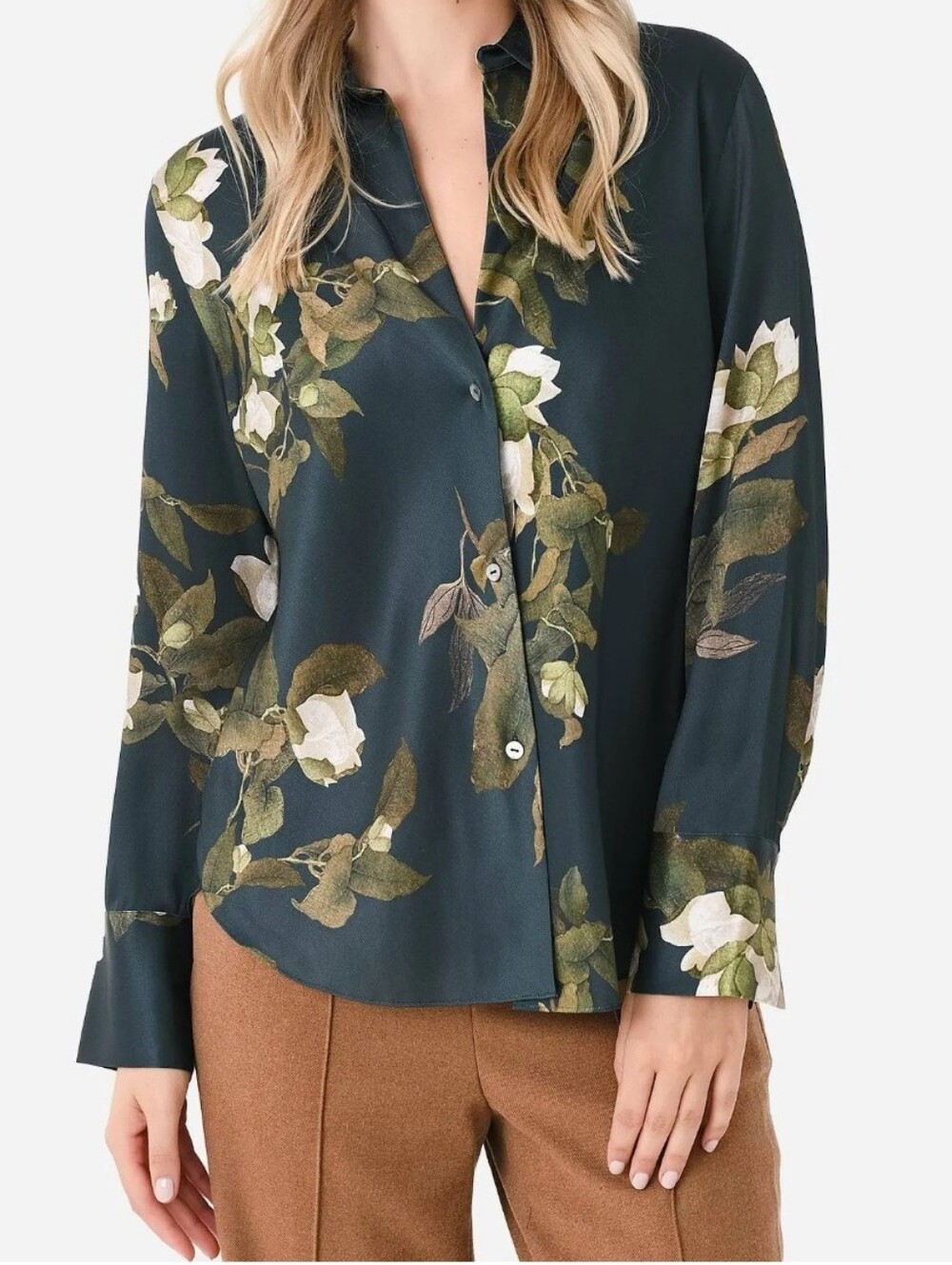 Silky Black Floral Button-Up Blouse - Picture 2 of 11